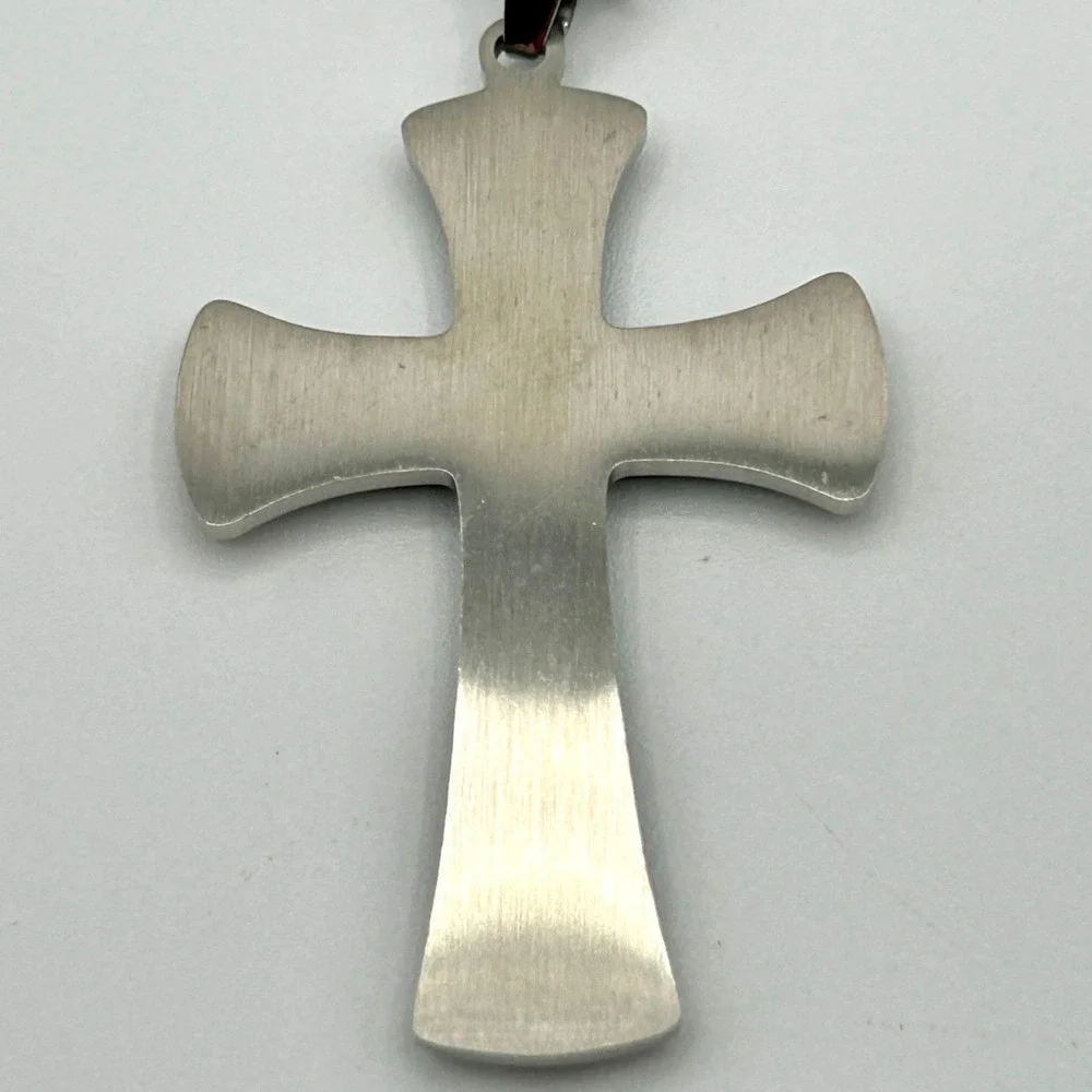Gothic Stainless Steel Cross Pendant Black Enamel Rhinestone Necklace 24 Inch